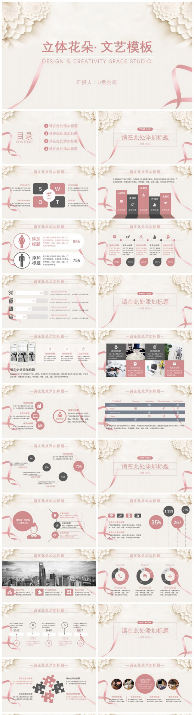 立体花朵文艺PPT模板