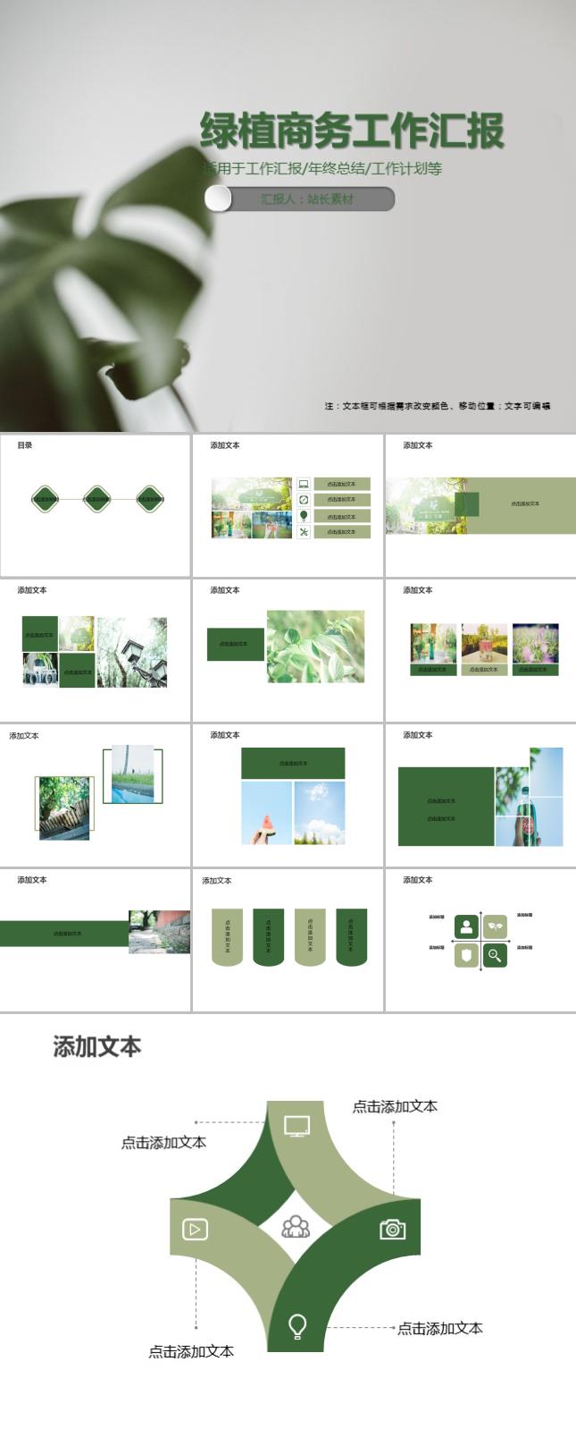 扁平化绿植商务工作汇报PPT模板