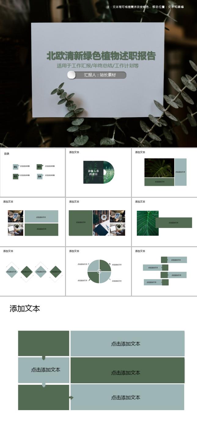 北欧清新绿色植物述职报告PPT模板