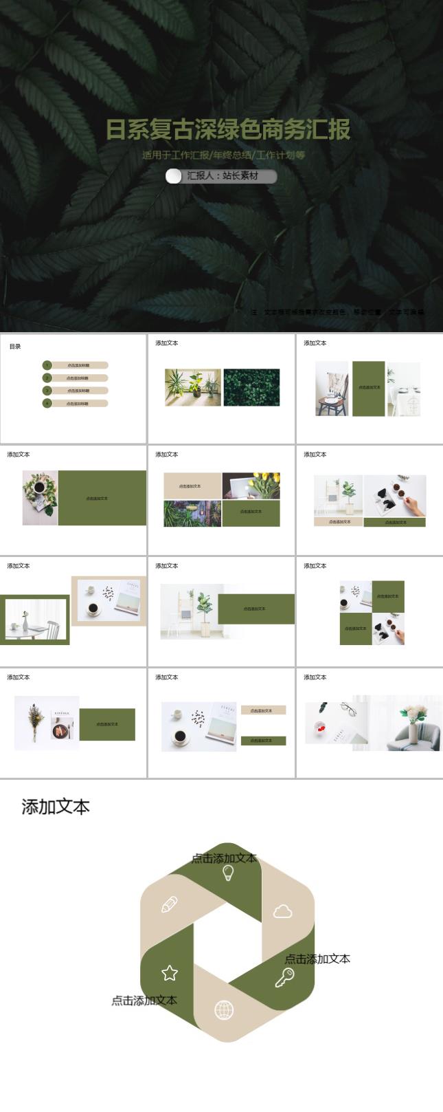 日系复古深绿色商务汇报PPT模板
