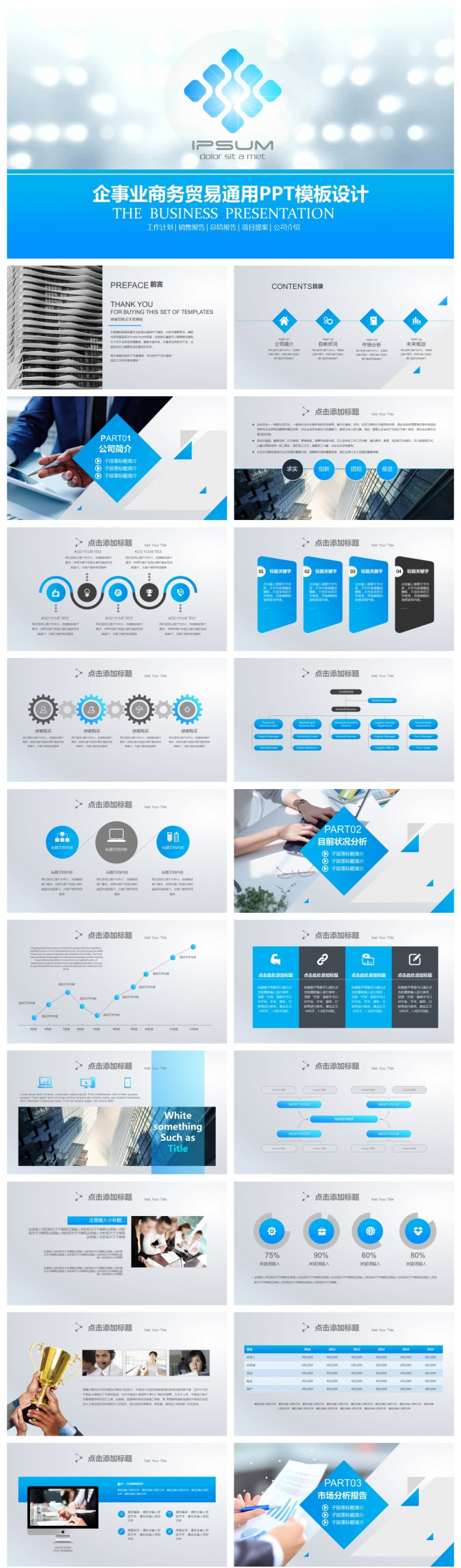蓝色扁平企事业商务报告PPT模板