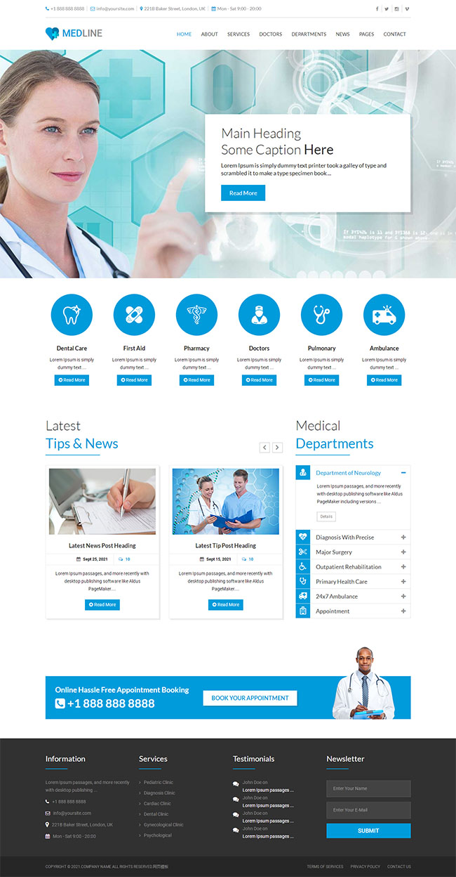 蓝色风格医院医疗服务网站模板（蓝色医疗背景图）