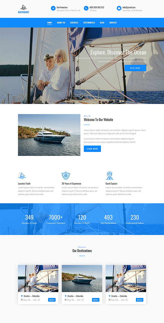 蓝色游艇租赁网站HTML5模板（游艇租赁平台）