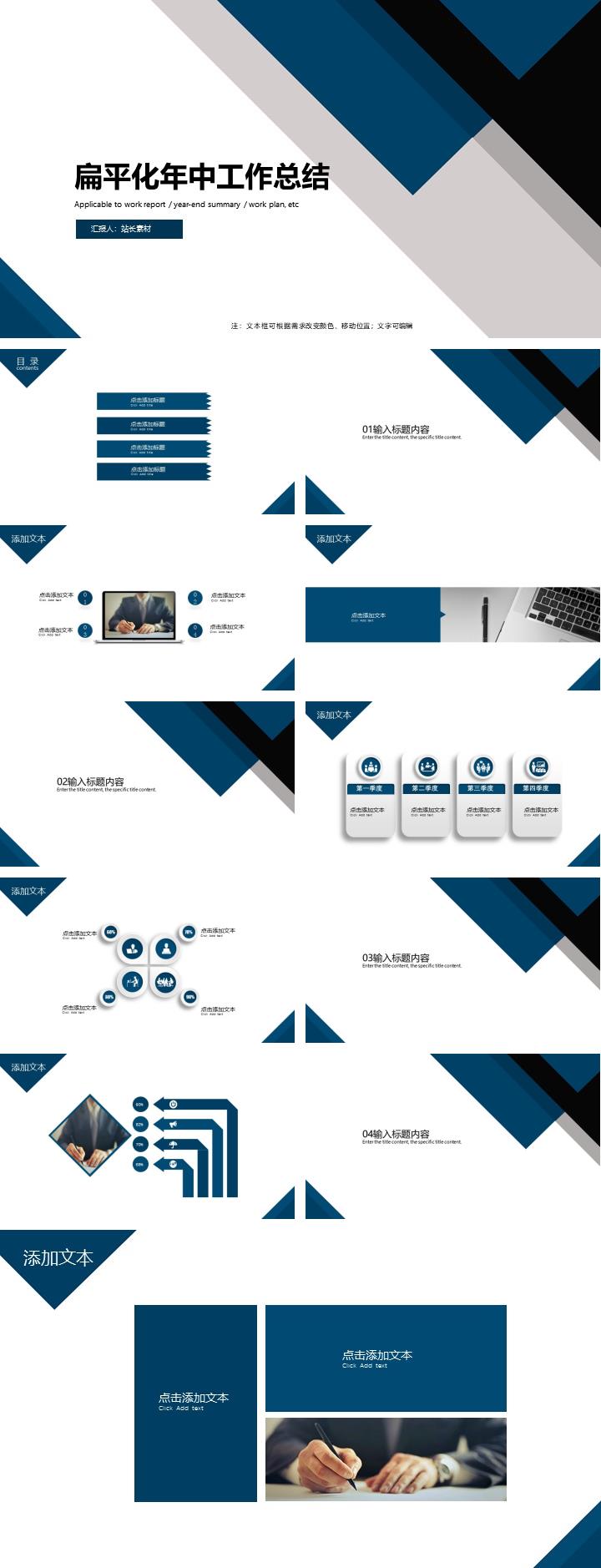 蓝色扁平化年中工作总结ppt模板