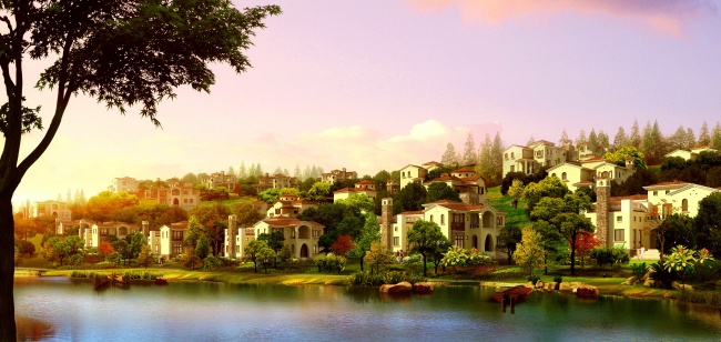 城镇小河风景画图片