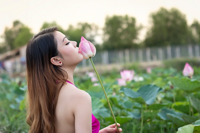 荷塘美女风景图片