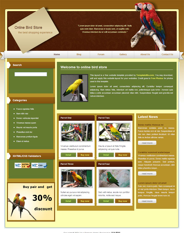 小鸟网上商店CSS网页模板  模板下载 第1张